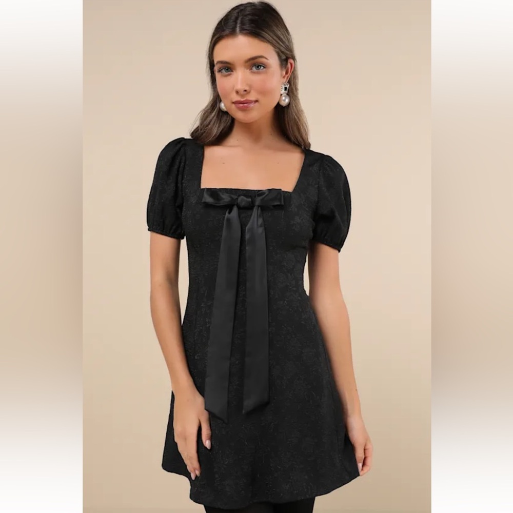 Lulus polished sweetie jacquard bow puff sleeve mini dress size medium NWOT